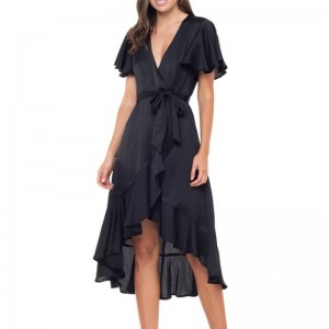 Женское черное длинное платье с двойным оборкой