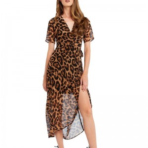 Горячая распродажа леди мода леопардовым принтом обернуть длинное платье